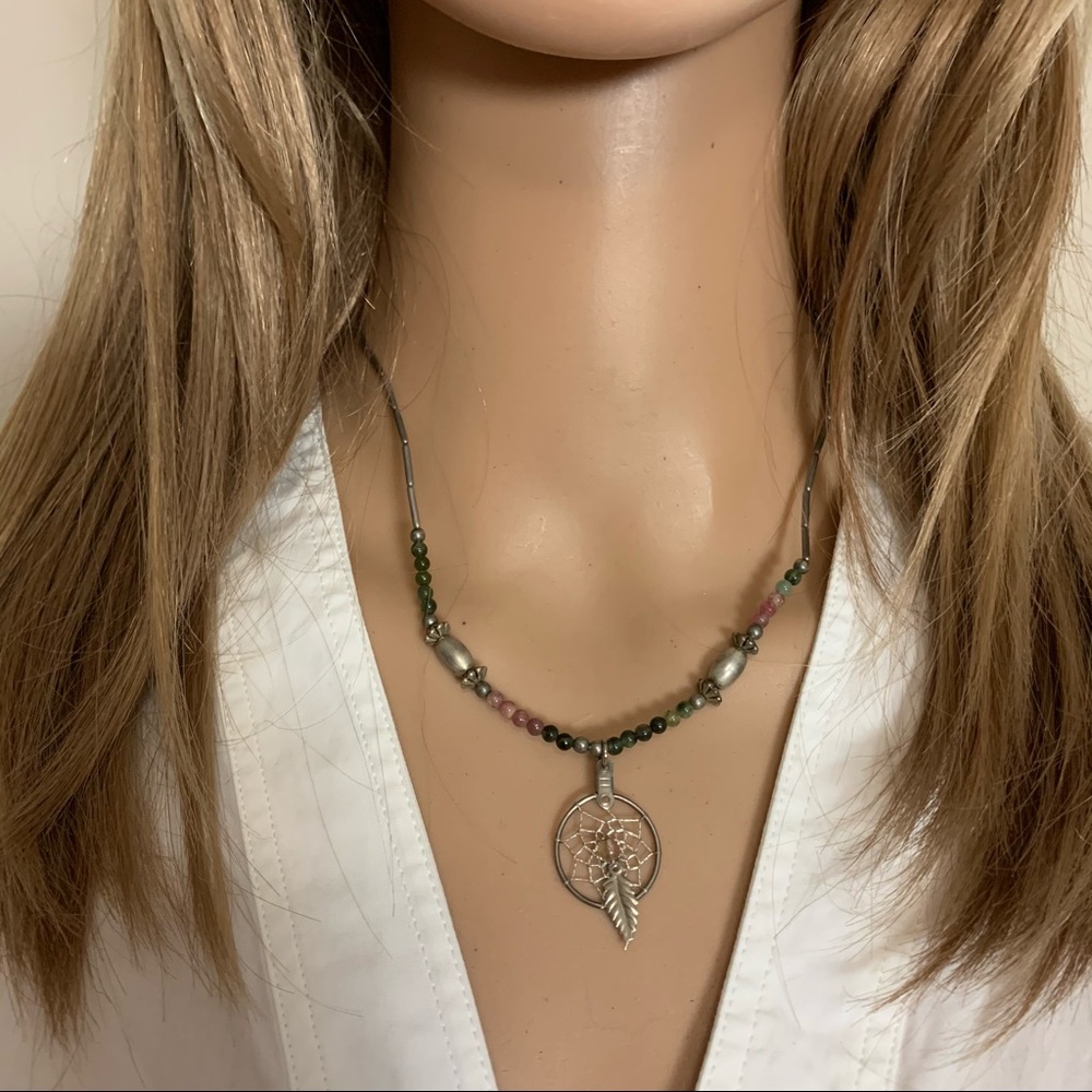 NATIVE AMERICAN Silver & Pink SOUTHWESTERN Beaded DREAM CATCHER Necklace 17"